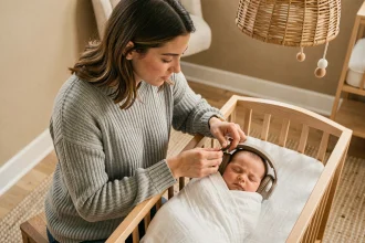 Maman posant un casque anti-bruit sur un bébé endormi dans un berceau en bois dans une chambre cosy