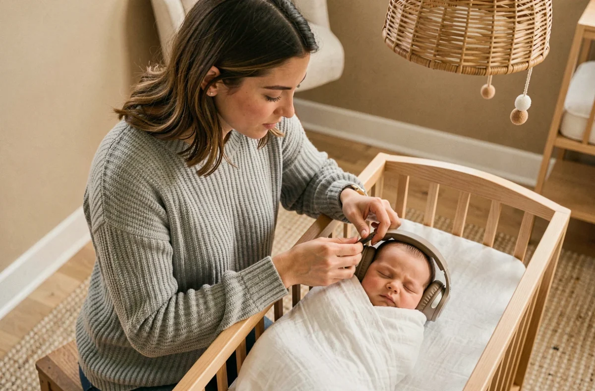Maman posant un casque anti-bruit sur un bébé endormi dans un berceau en bois dans une chambre cosy