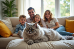 Chat persan chinchilla sur un canapé lumineux en famille
