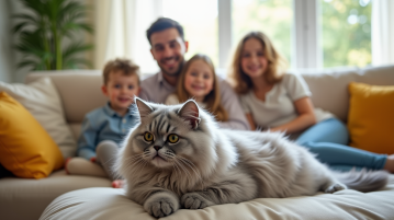 Chat persan chinchilla sur un canapé lumineux en famille