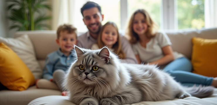 Chat persan chinchilla sur un canapé lumineux en famille