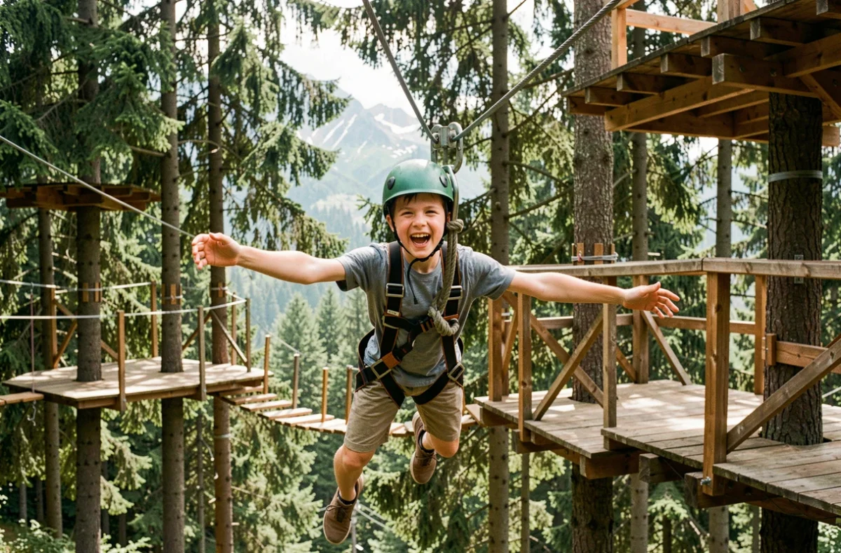 Enfant sur une tyrolienne dans le parc aventure Châtel Aventures en Haute-Savoie