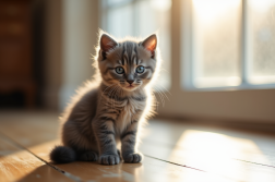 Chaton gris aux yeux bleus sur un sol en bois ensoleille