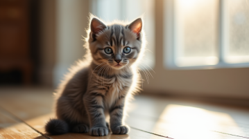 Chaton gris aux yeux bleus sur un sol en bois ensoleille