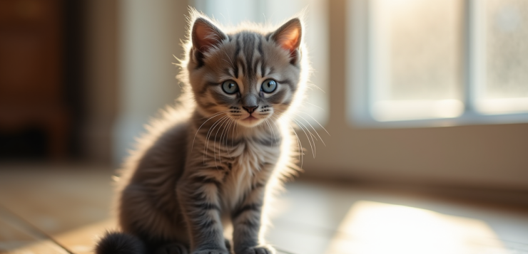 Chaton gris aux yeux bleus sur un sol en bois ensoleille