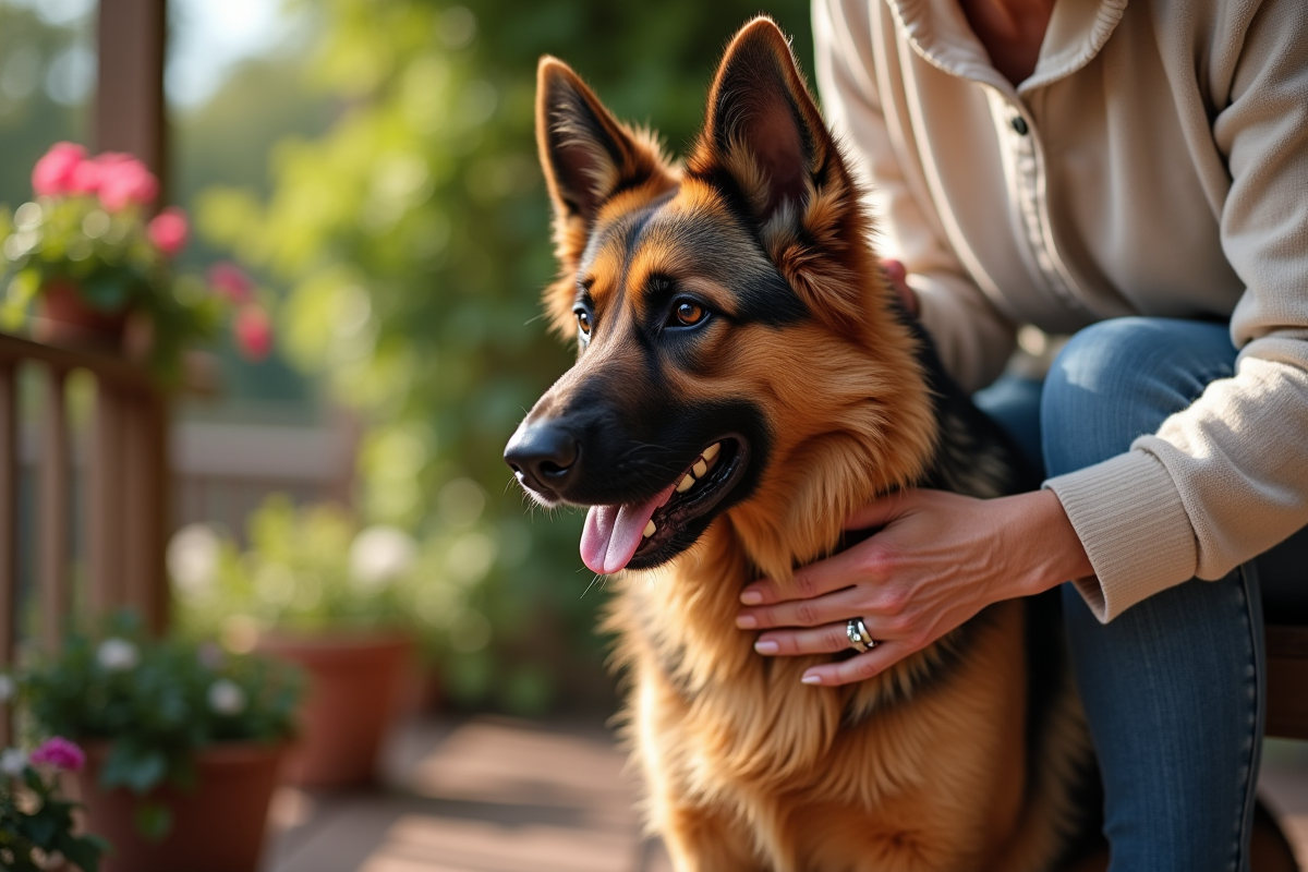 Chien étant brosse par une femme âgée sur la terrasse ensoleillée