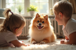 Spitz allemand heureux avec enfants dans un salon ensoleille