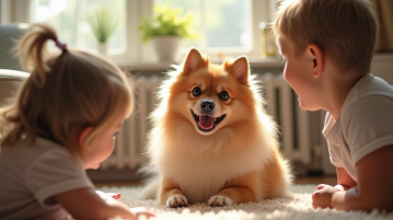 Spitz allemand heureux avec enfants dans un salon ensoleille