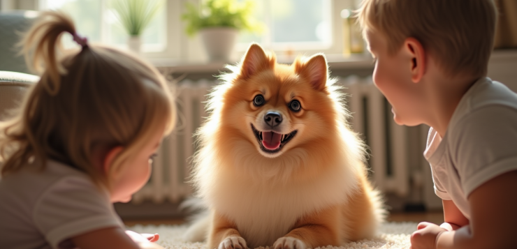 Spitz allemand heureux avec enfants dans un salon ensoleille