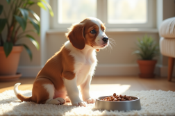 Chiot Brittany Spaniel assis sur un tapis au matin