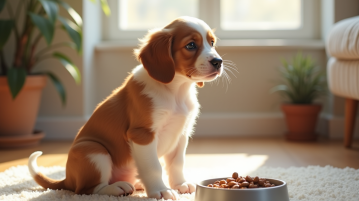 Chiot Brittany Spaniel assis sur un tapis au matin
