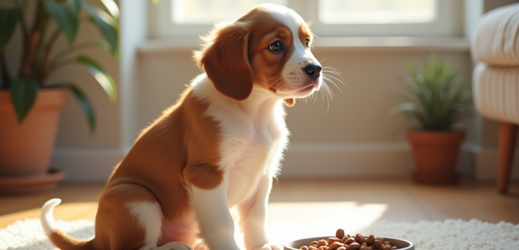 Chiot Brittany Spaniel assis sur un tapis au matin