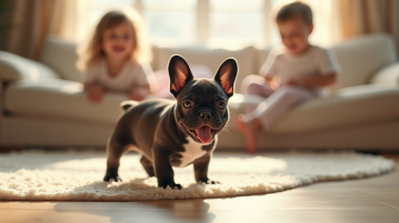 Chiot bulldog français jouant avec enfants dans le salon
