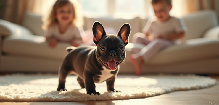 Chiot bulldog français jouant avec enfants dans le salon