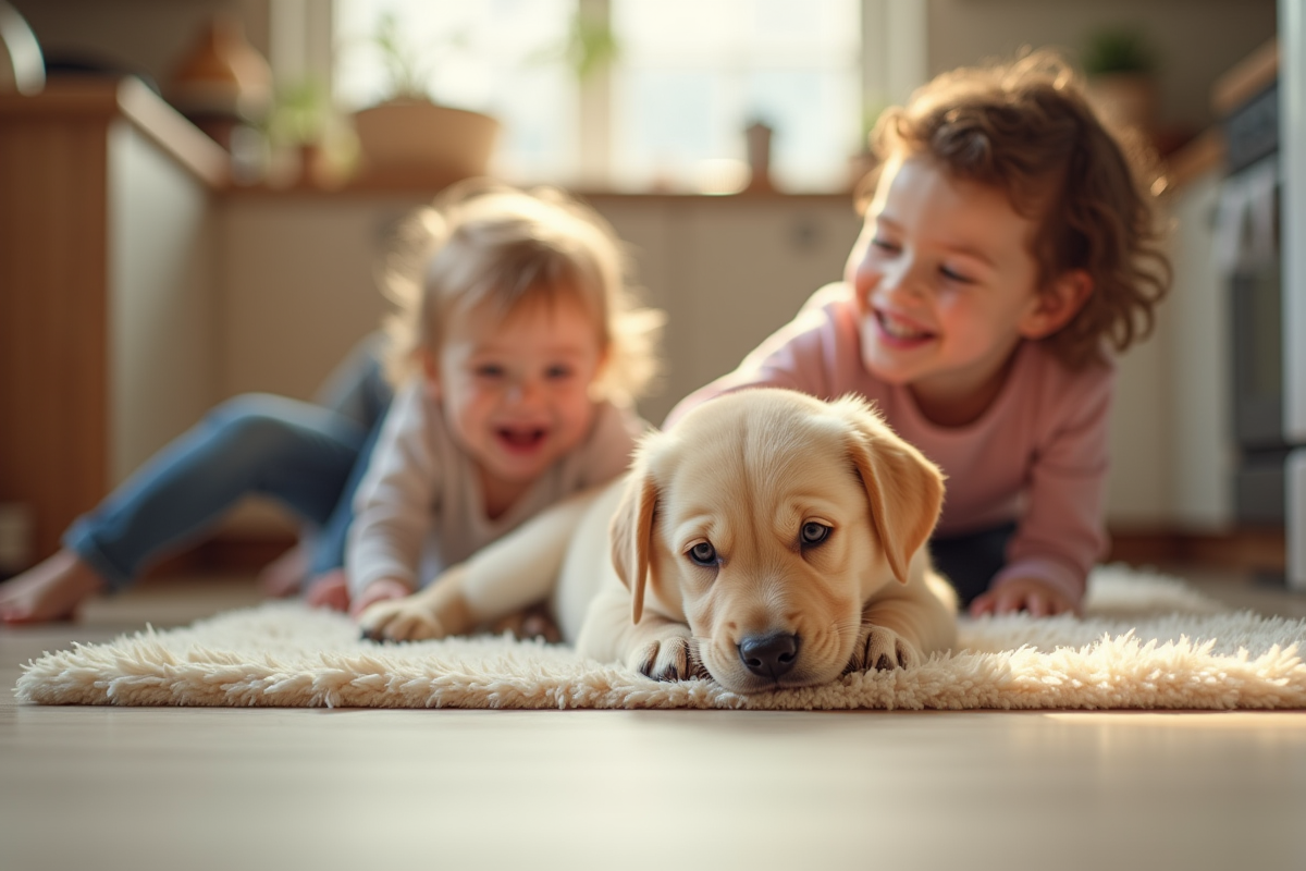 Chiot labrador dans la cuisine avec enfants et adulte heureux
