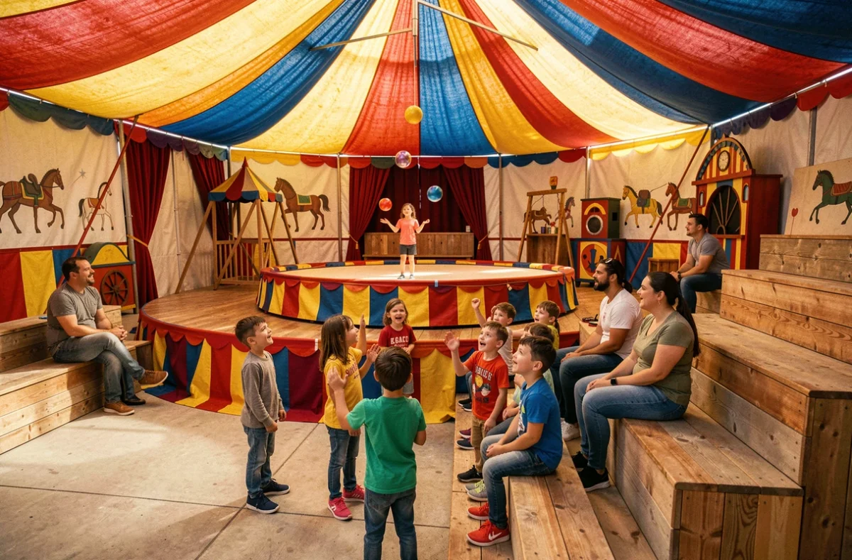 Espace Circus Kids proche de Nîmes, enfants et parents assistant à un spectacle de cirque dans une salle décorée aux couleurs vives