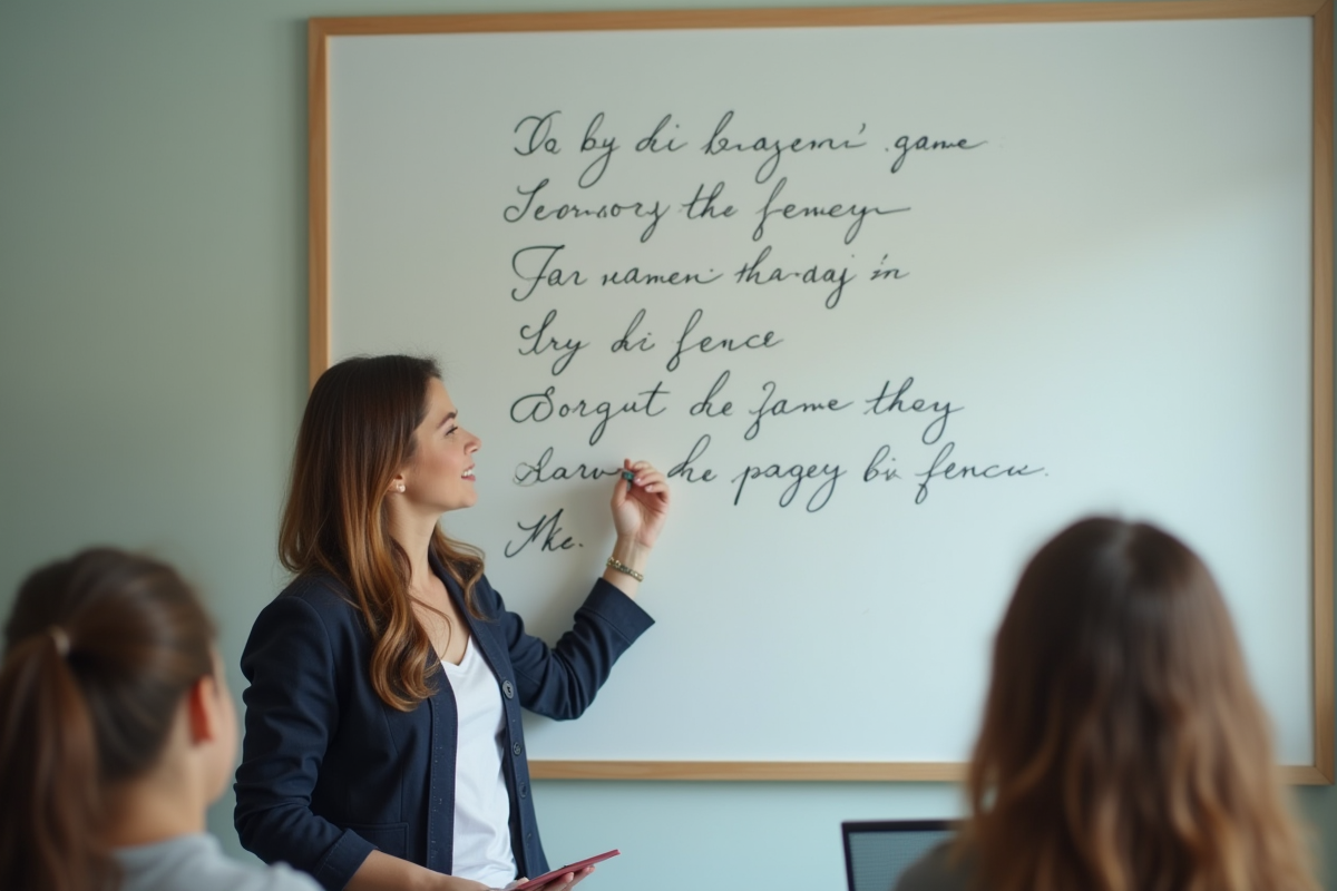 Enseignant écrivant noms Q au tableau en classe