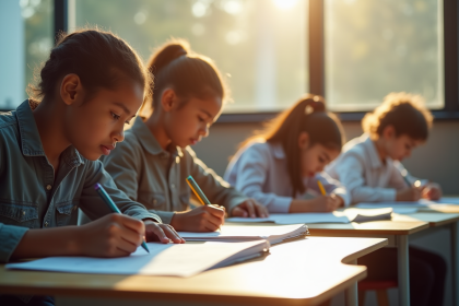 Étudiants remplissant des formulaires dans une classe moderne