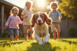 Cocker spaniel jouant avec des enfants dans le jardin ensoleille