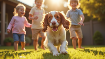 Cocker spaniel jouant avec des enfants dans le jardin ensoleille
