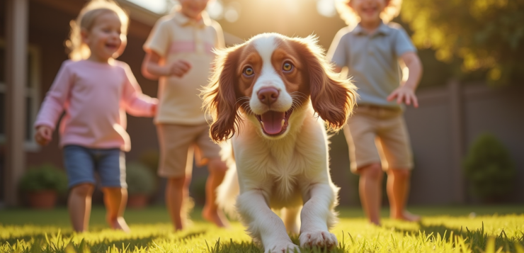 Cocker spaniel jouant avec des enfants dans le jardin ensoleille