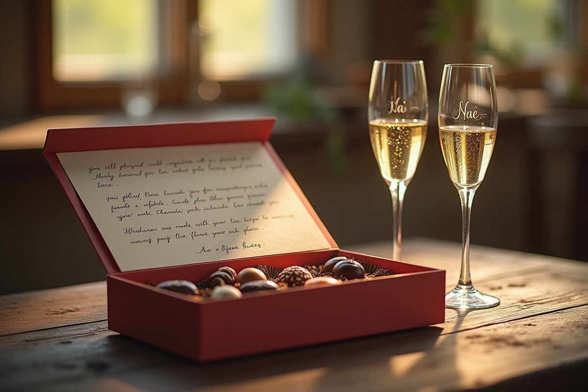 Coffret cadeau personnalisé avec lettre et chocolats sur table en bois