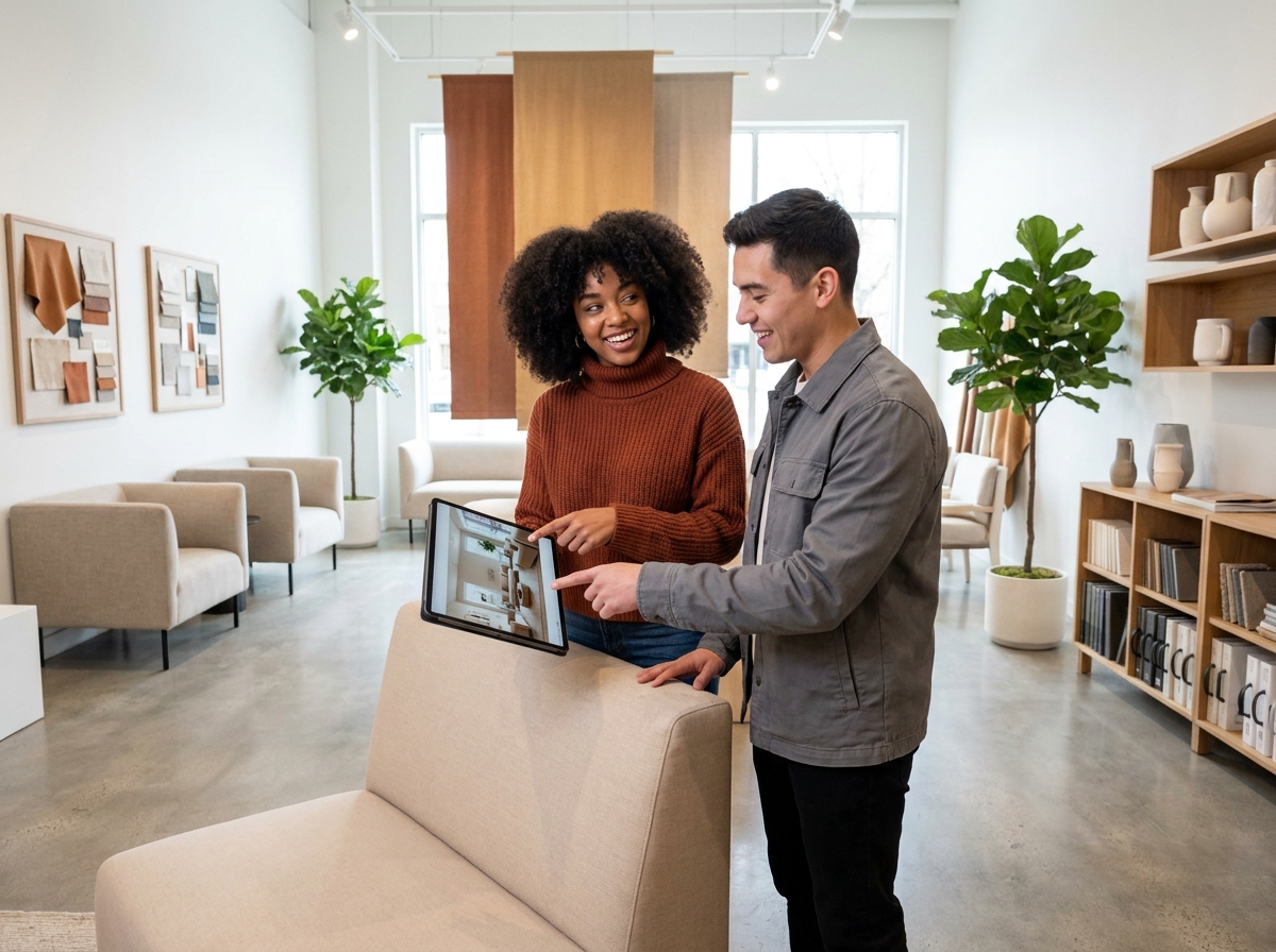 Deux jeunes professionnels de la génération Z collaborant dans un showroom d'aménagement intérieur devant des moodboards et prototypes