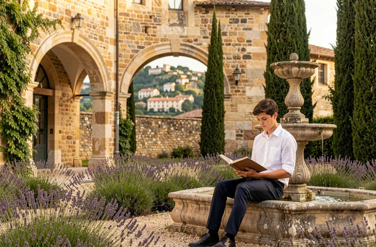 Collège et lycée Fénelon à Grasse, élève lisant dans la cour intérieure entourée de jardins provençaux
