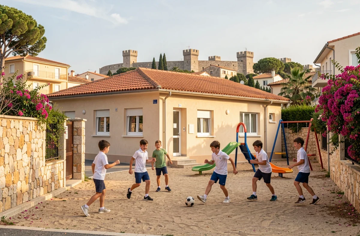 Collège Notre-Dame de la Tramontane à Antibes, élèves jouant dans la cour de récréation avec le vieux Antibes en fond