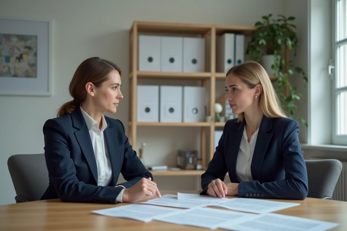 Femme consultant un professionnel juridique au sujet d'un test ADN de paternité en France, documents sur le bureau