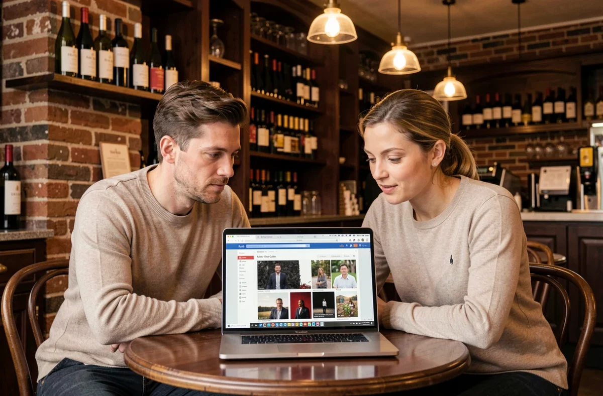 Couple consultant le portfolio en ligne d'un photographe sur ordinateur dans un bar à vin typique de Bordeaux