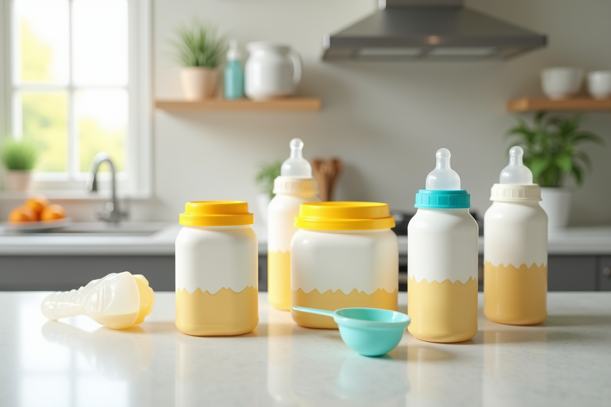 Différents contenants de lait infantile sur un plan de travail de cuisine lumineux