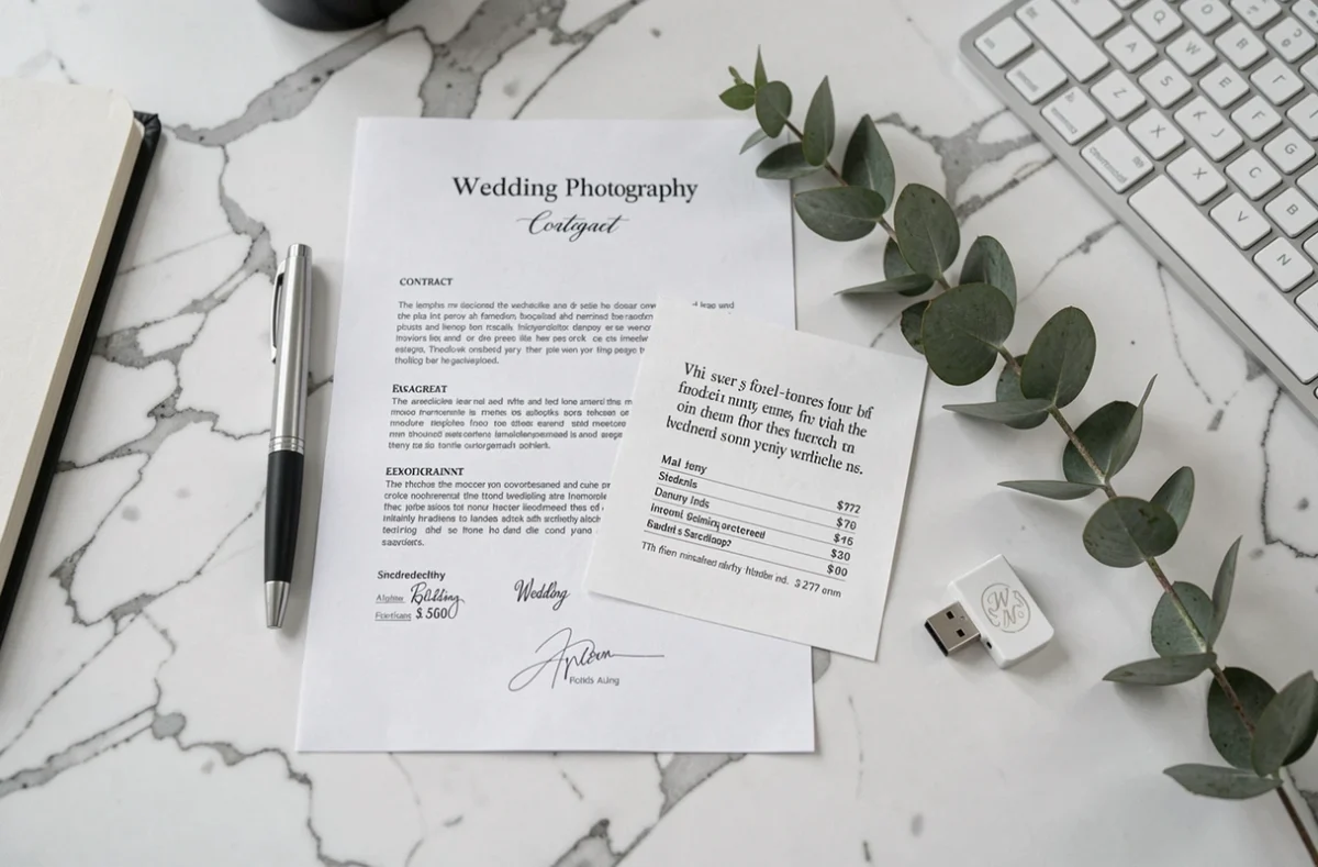 Contrat de photographie mariage et devis détaillé posés sur un bureau en marbre blanc