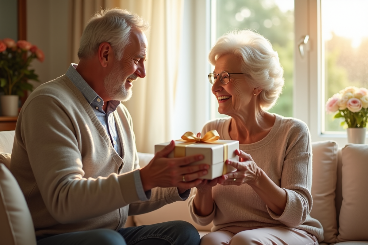 Couple d'anciens échangeant un cadeau dans un salon lumineux