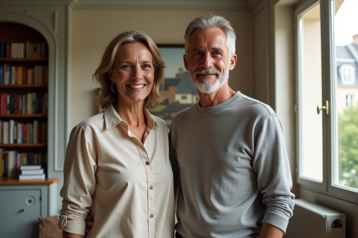 Couple dans un appartement parisien lumineux, ambiance détendue et décor domestique authentique