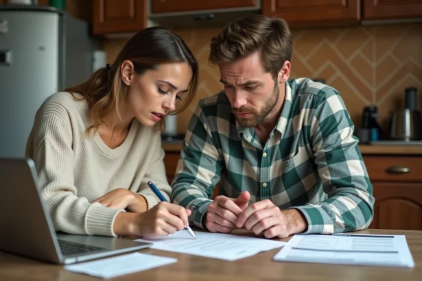 Couple remplissant une attestation sur l'honneur de vie commune à leur table de cuisine