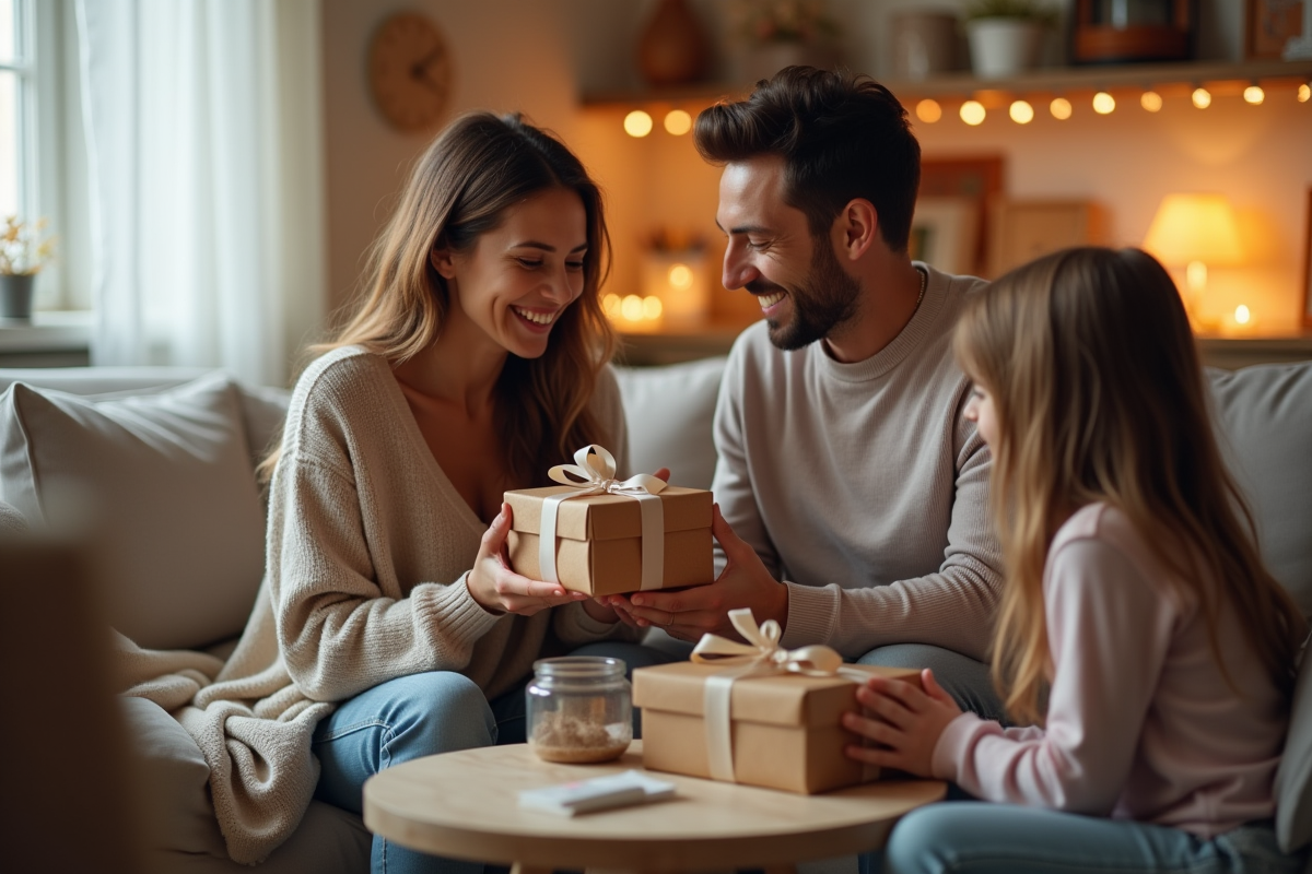 Couple échangeant des cadeaux dans un salon chaleureux