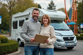 Couple souriant près de leur camping-car en Alsace