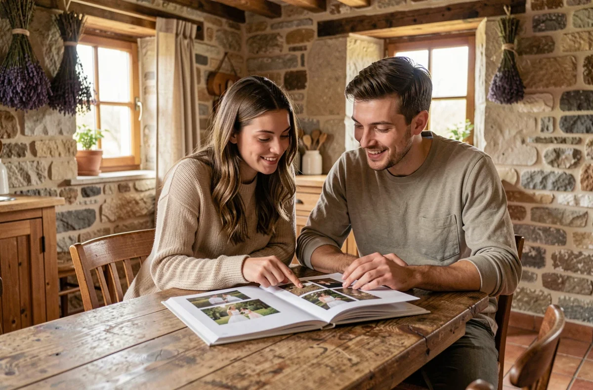 Couple consultant un portfolio de photographe de mariage dans une ferme bretonne rustique du Morbihan