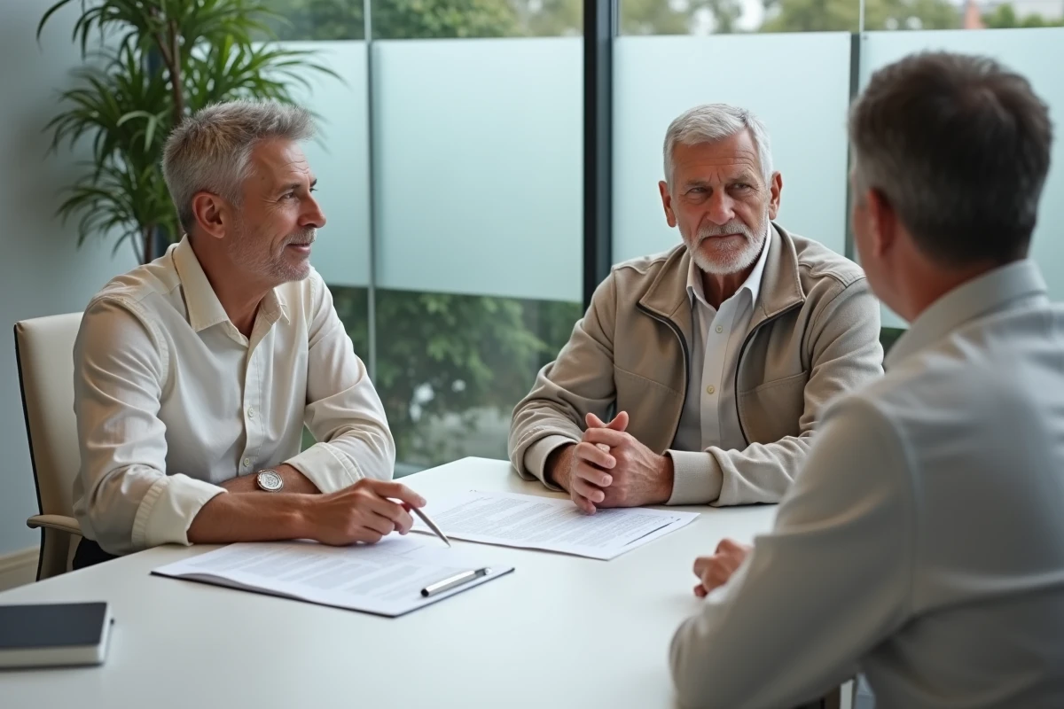 Couple de seniors consultant des documents de planification successorale dans un cabinet notarial moderne