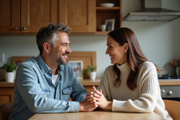 Couple d'âge moyen discutant à la cuisine chaleureuse