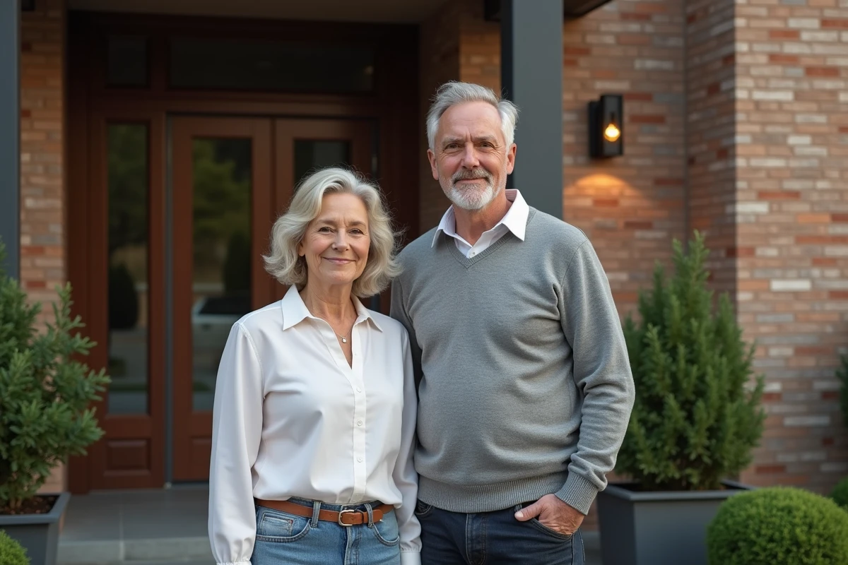 Homme et femme fiers devant un immeuble en ville