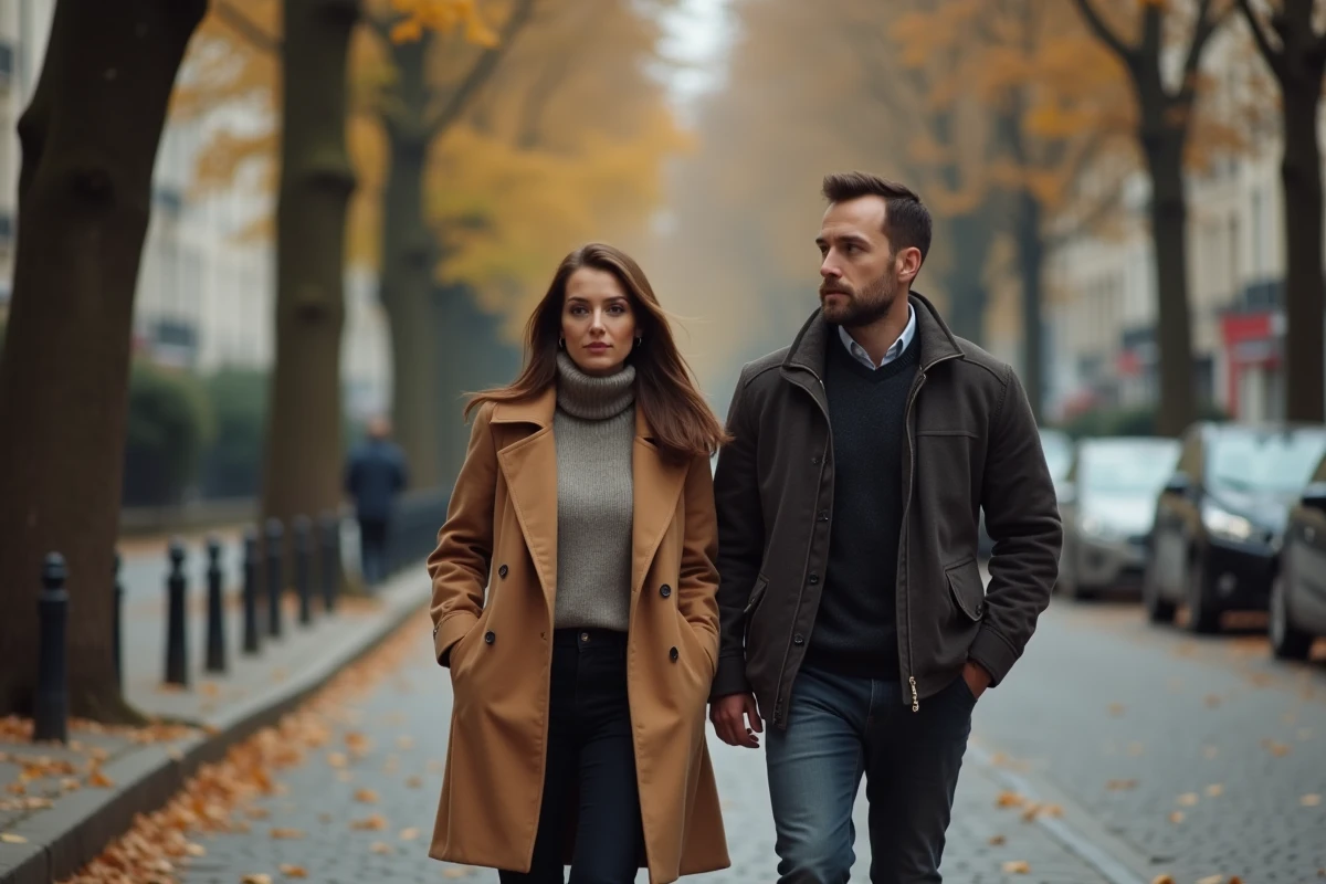Couple élégant se promenant dans une rue parisienne en automne, évoquant la discrétion et la préservation de la vie privée des personnalités publiques