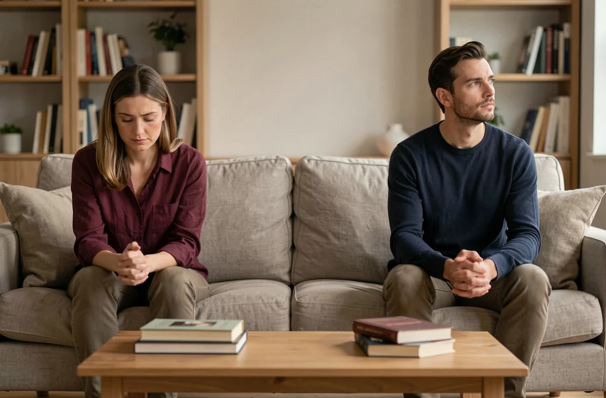 Couple assis à distance sur un canapé, illustrant la tension silencieuse et la crise de confiance dans le couple