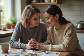 Femme et partenaire regardant des photos de famille dans la cuisine