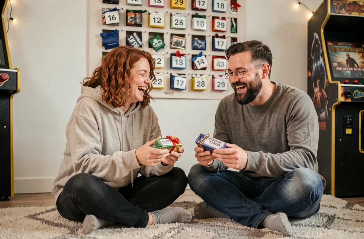Couple de geeks adultes découvrant les cadeaux de leur calendrier de l'Avent thématique licences sci-fi et fantasy dans leur salon