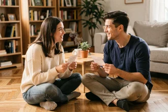 Jeune couple jouant à un jeu de questions assis sur le parquet de leur salon cosy