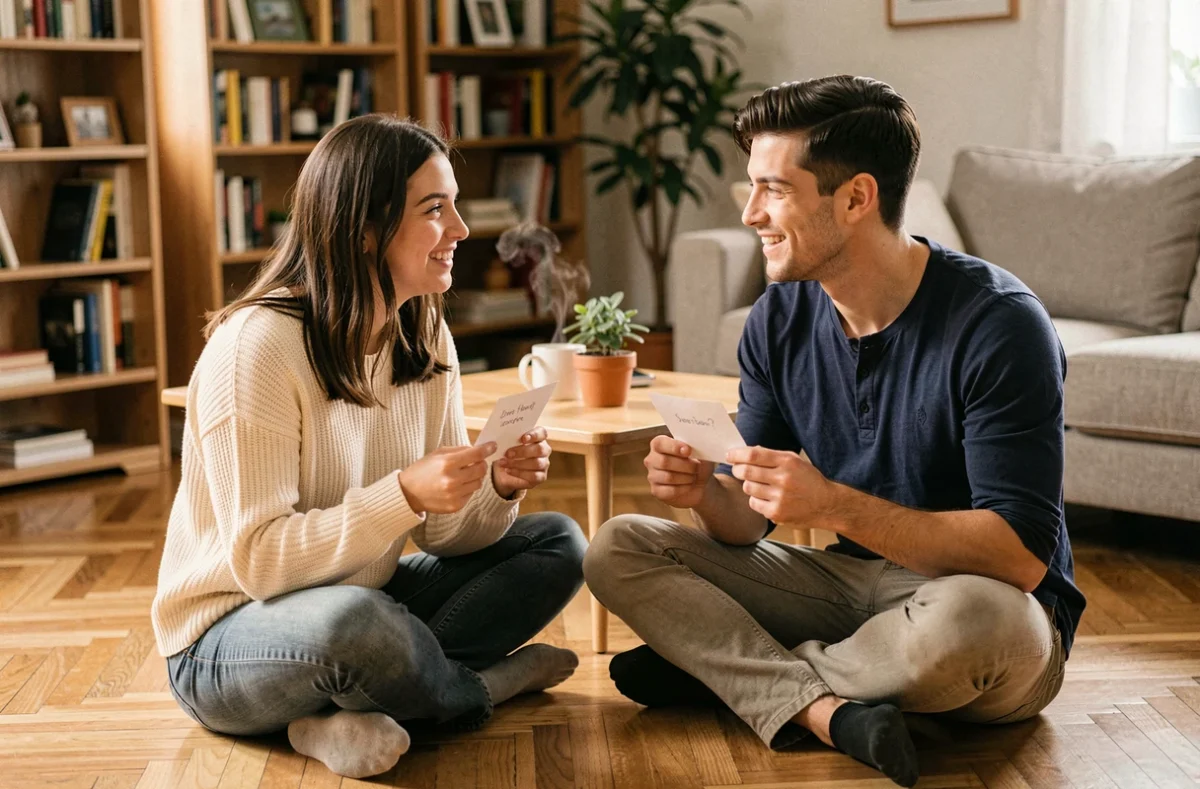 Jeune couple jouant à un jeu de questions assis sur le parquet de leur salon cosy