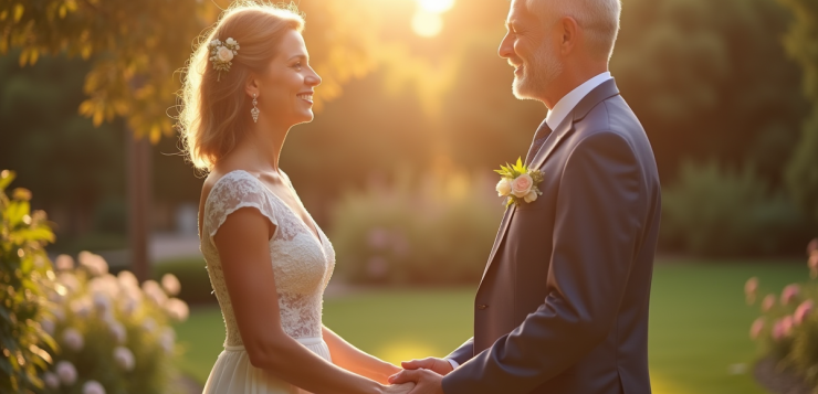 Couple mature échangeant vœux dans un jardin ensoleille