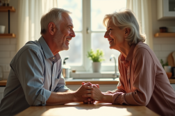 Couple mature souriant main dans la main dans la cuisine
